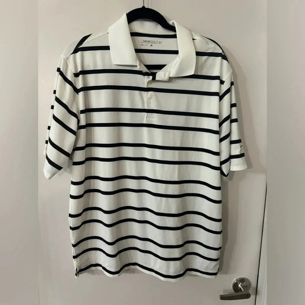 Nike Golf Men Large Black White Stripped Dri-Fit Polo 100% POLY